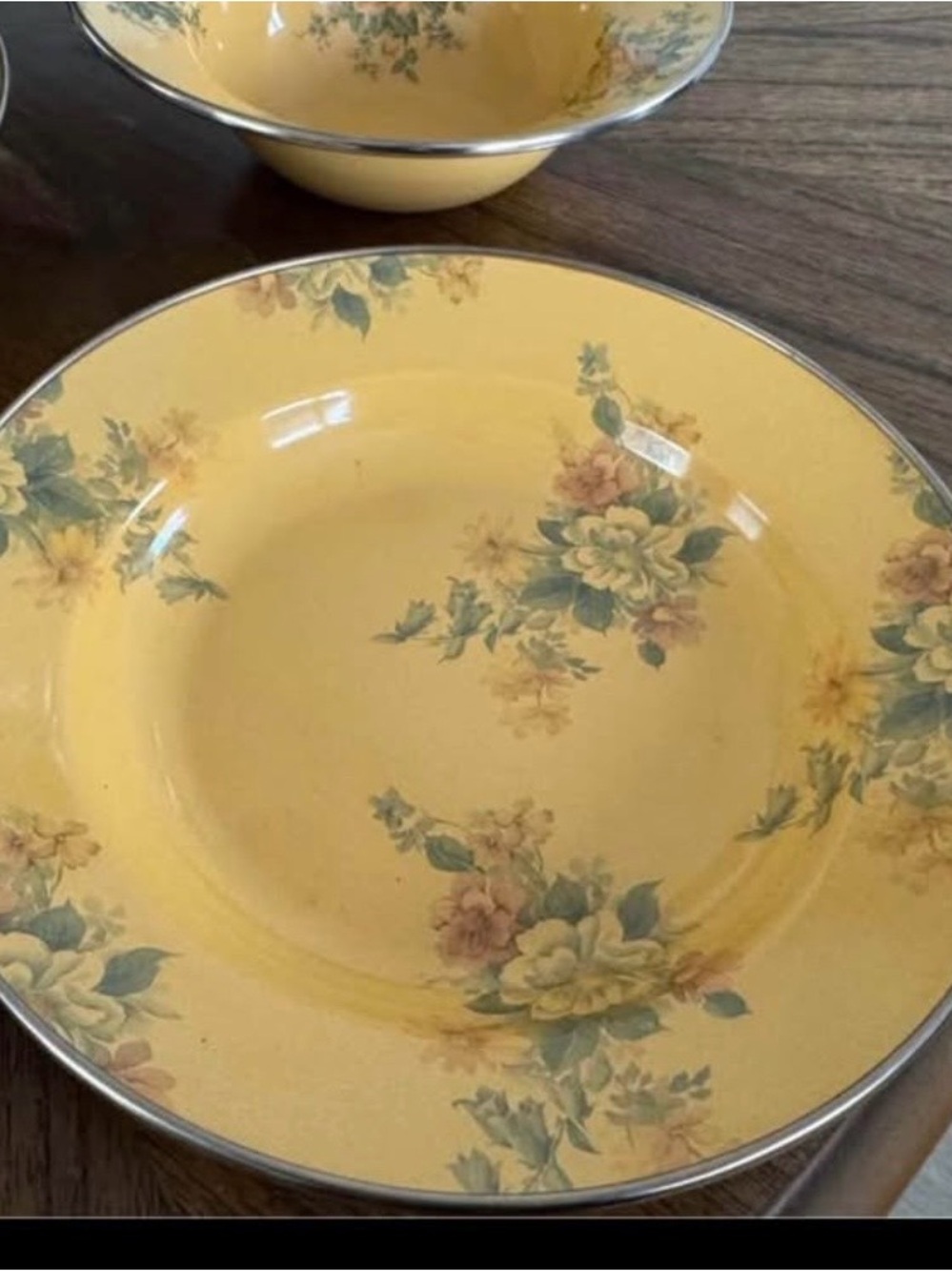 McKenzie Childs, original Victoria and Richard enamel mustard yellow bowls.